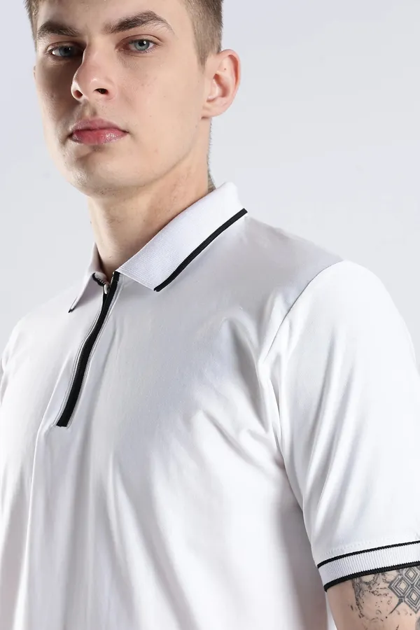 White_100%_Pure_Cotton_Spandex_Blend_Zip_Polo_T-Shirt_For_Men
