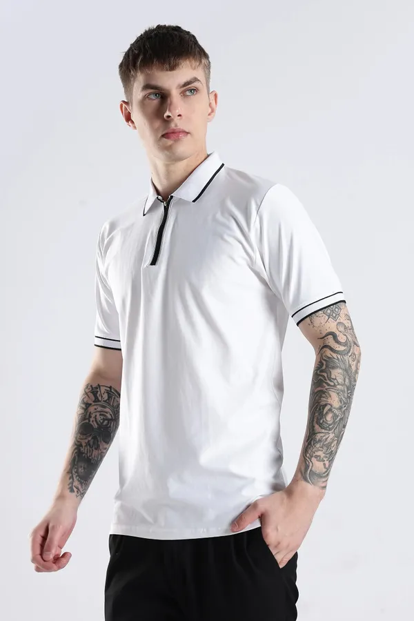 White_100%_Pure_Cotton_Spandex_Blend_Zip_Polo_T-Shirt_For_Men
