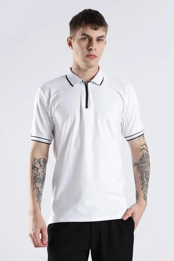 White_100%_Pure_Cotton_Spandex_Blend_Zip_Polo_T-Shirt_For_Men