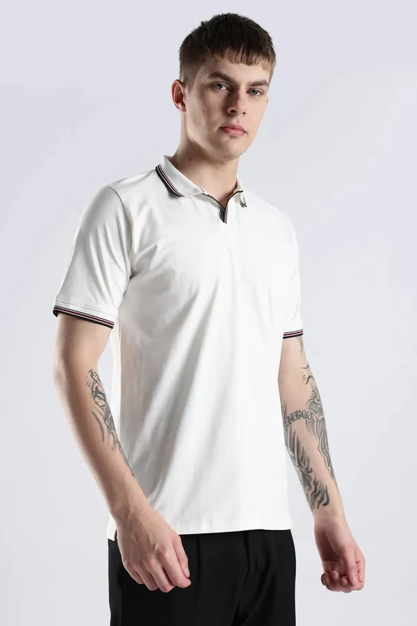 White_100%_Pure_Cotton_Spandex_Blend_Trim_Polo_T-Shirt_For_Men