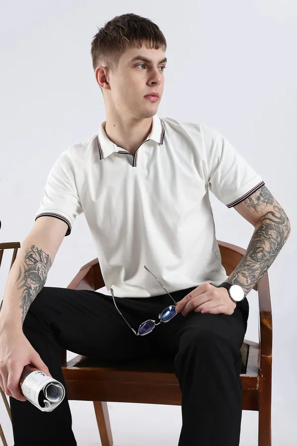 White_100%_Pure_Cotton_Spandex_Blend_Trim_Polo_T-Shirt_For_Men
