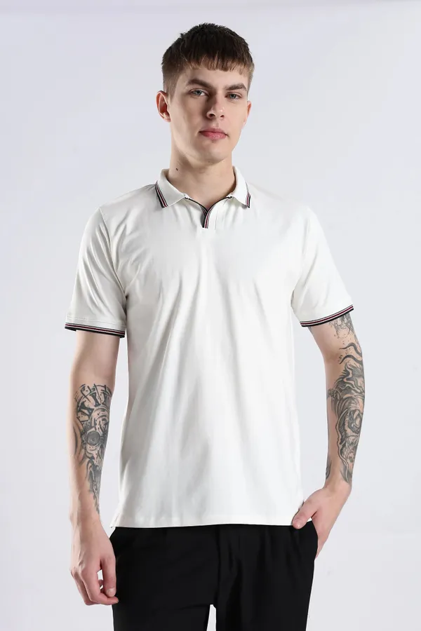 White_100%_Pure_Cotton_Spandex_Blend_Trim_Polo_T-Shirt_For_Men