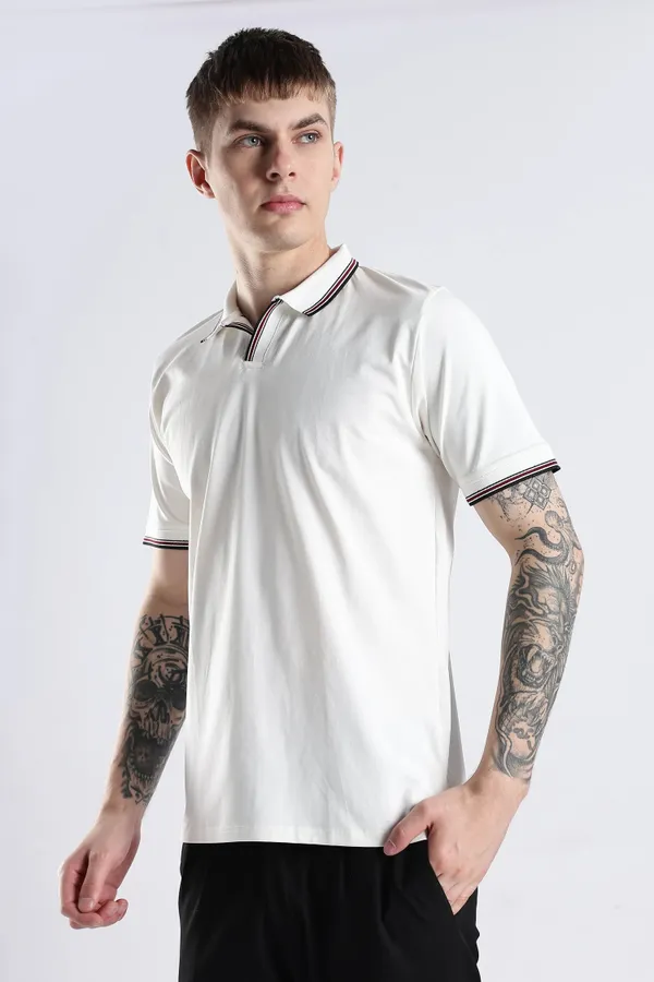 White_100%_Pure_Cotton_Spandex_Blend_Trim_Polo_T-Shirt_For_Men