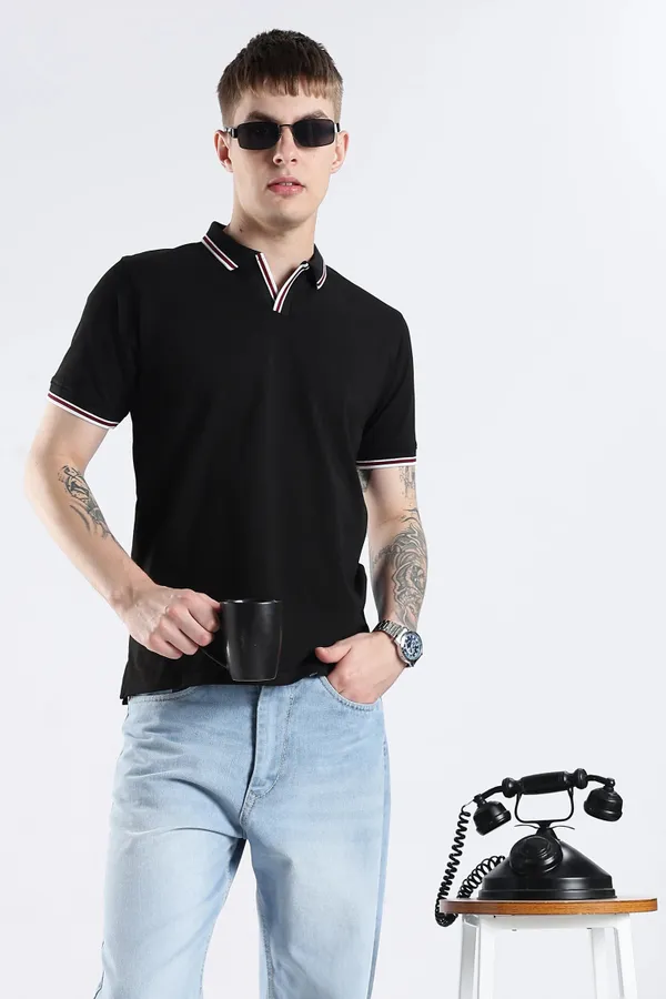 Black_100%_Pure_Cotton_Spandex_Blend_Polo_T-Shirt_For_Men