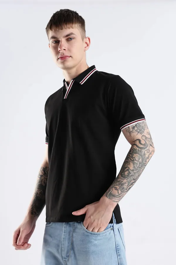 Black_100%_Pure_Cotton_Spandex_Blend_Polo_T-Shirt_For_Men