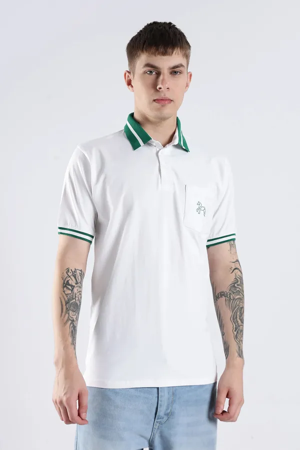 Emerald_Green_100%_Pure_Cotton_Spandex_Blend_Stallion_White_Polo_T-Shirt_For_Men