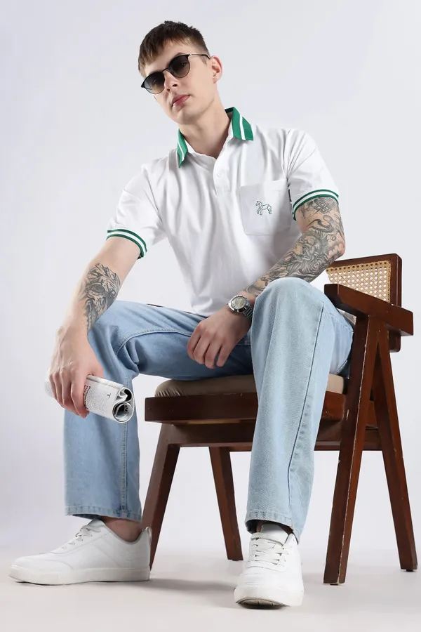 Emerald_Green_100%_Pure_Cotton_Spandex_Blend_Stallion_White_Polo_T-Shirt_For_Men