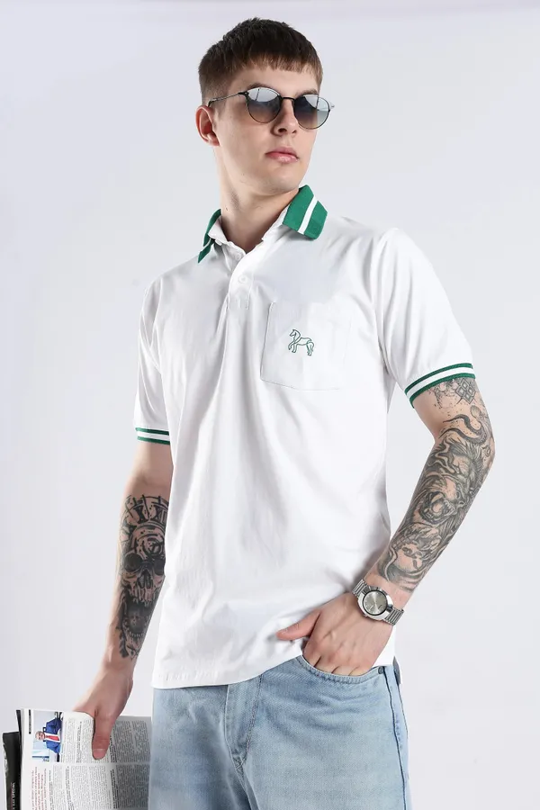 Emerald_Green_100%_Pure_Cotton_Spandex_Blend_Stallion_White_Polo_T-Shirt_For_Men