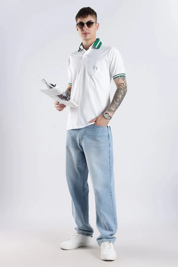 Emerald_Green_100%_Pure_Cotton_Spandex_Blend_Stallion_White_Polo_T-Shirt_For_Men