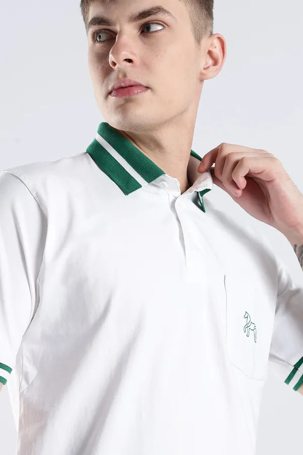 Emerald_Green_100%_Pure_Cotton_Spandex_Blend_Stallion_White_Polo_T-Shirt_For_Men