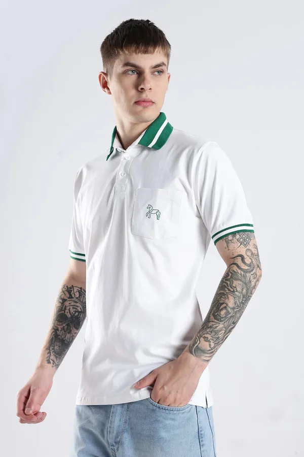 Emerald_Green_100%_Pure_Cotton_Spandex_Blend_Stallion_White_Polo_T-Shirt_For_Men