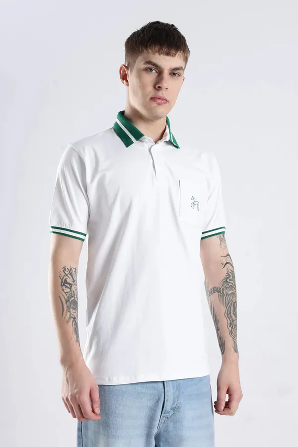 Emerald_Green_100%_Pure_Cotton_Spandex_Blend_Stallion_White_Polo_T-Shirt_For_Men