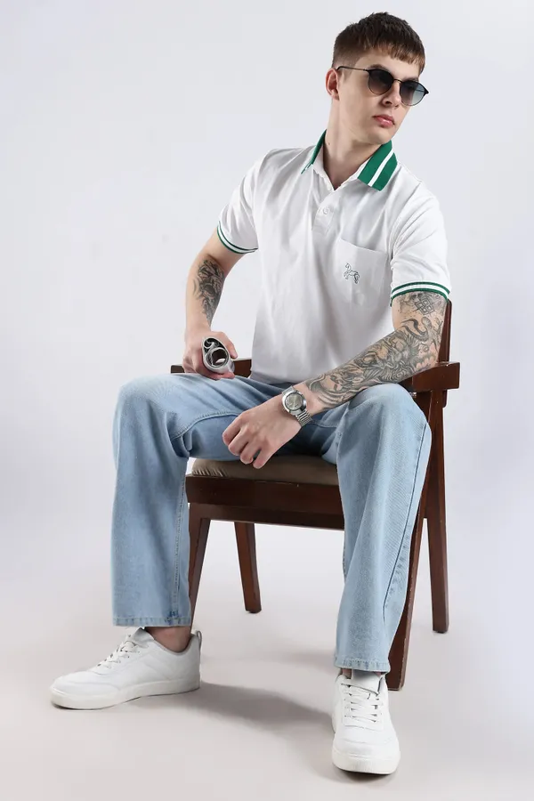 Emerald_Green_100%_Pure_Cotton_Spandex_Blend_Stallion_White_Polo_T-Shirt_For_Men