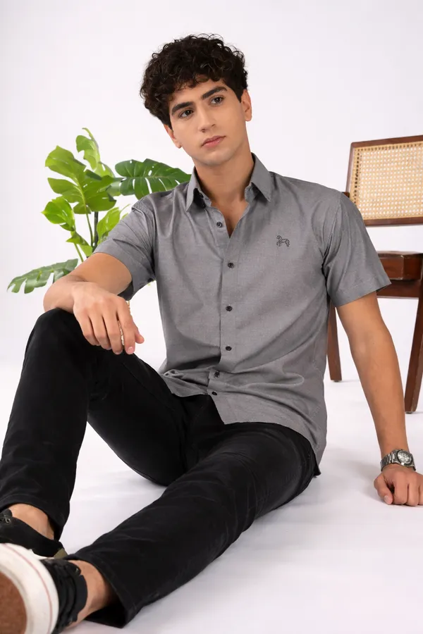 Charcoal_Grey_Pure_100%_Cotton_Half_Sleeve_Shirt_For_Men