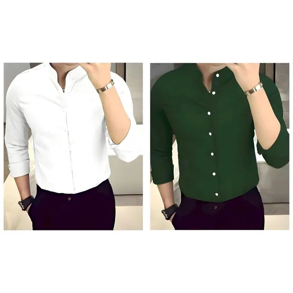 Bottle_Green_And_White_Chinese_Collar_Stylish_Formal_Shirts_For_Men(Pack_Of_2)