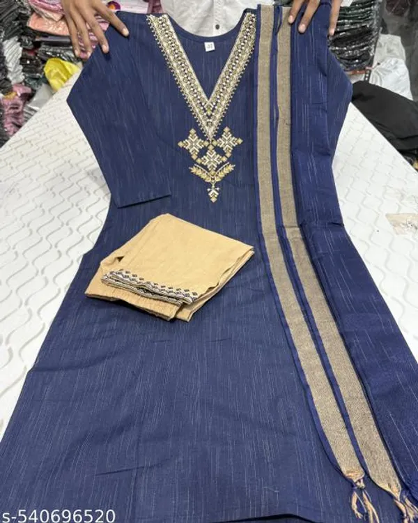 Navy_Blue_Khadi_Cotton_Premium_Trendy_Kurta_Set_For_Women