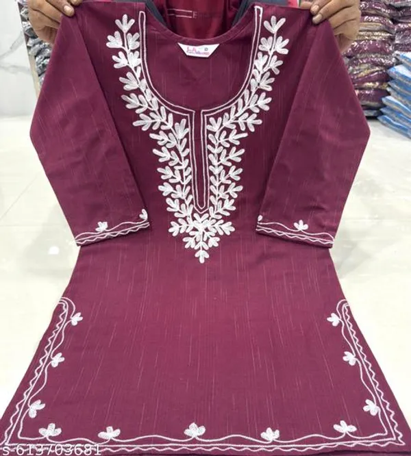 Purple_Khadi_Cotton_Premium_Woolen_Embroidery_Short_Kurta_For_Women