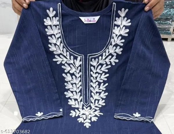 Blue_Khadi_Cotton_Premium_Woolen_Embroidery_Short_Kurta_For_Women