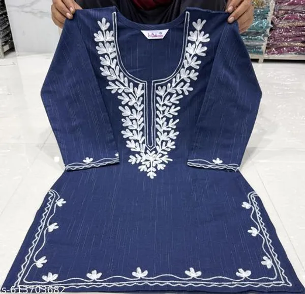 Blue_Khadi_Cotton_Premium_Woolen_Embroidery_Short_Kurta_For_Women