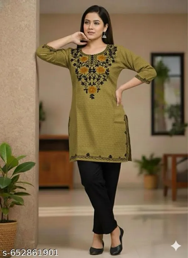 Mehndi_Green_Khadi_Cotton_Premium_Trendy_Kashmiri_Embroidery_Kurti_Set_For_Women