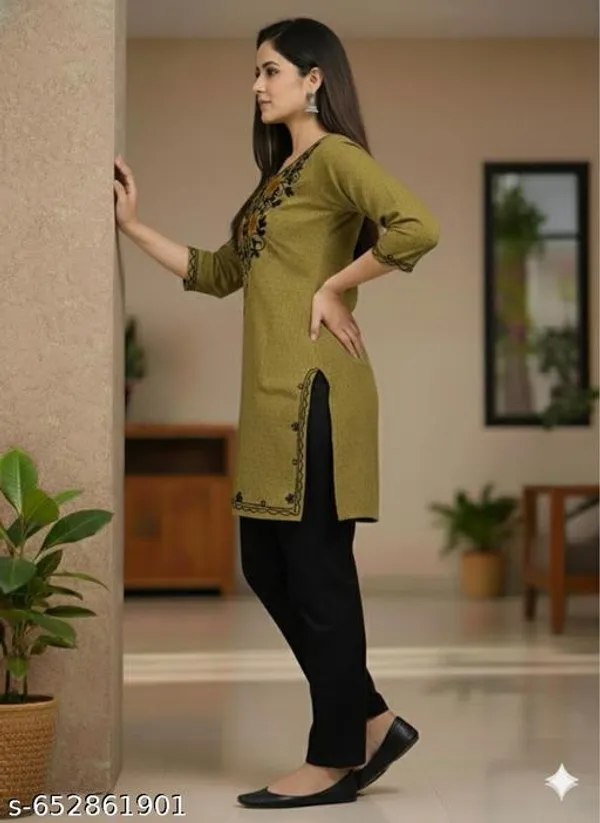 Mehndi_Green_Khadi_Cotton_Premium_Trendy_Kashmiri_Embroidery_Kurti_Set_For_Women