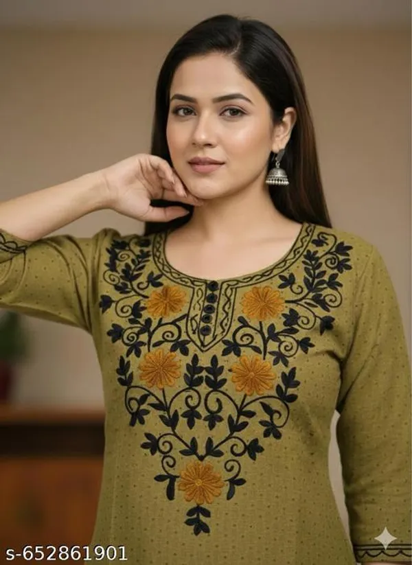 Mehndi_Green_Khadi_Cotton_Premium_Trendy_Kashmiri_Embroidery_Kurti_Set_For_Women