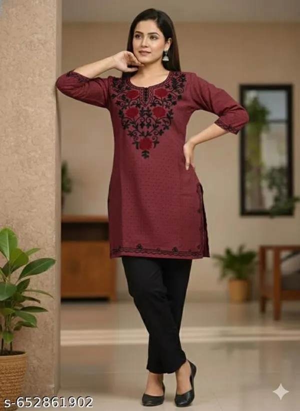 Maroon_Khadi_Cotton_Premium_Kashmiri_Embroidery_Kurti_Set_For_Women