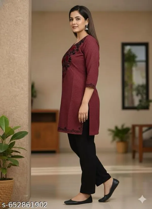 Maroon_Khadi_Cotton_Premium_Kashmiri_Embroidery_Kurti_Set_For_Women