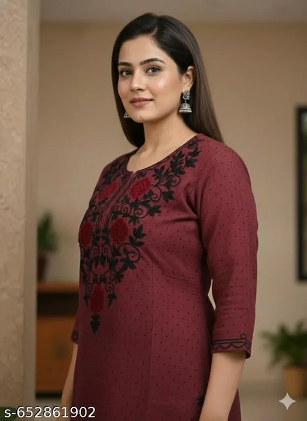 Maroon_Khadi_Cotton_Premium_Kashmiri_Embroidery_Kurti_Set_For_Women