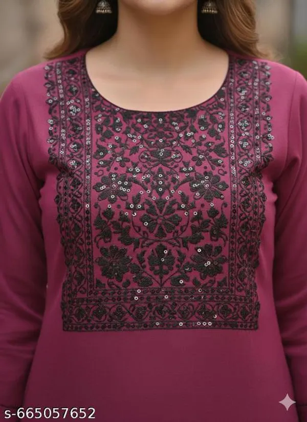 Burgundy_Khadi_Cotton_Premium_Woolen_Embroidery_Kurta_For_Women