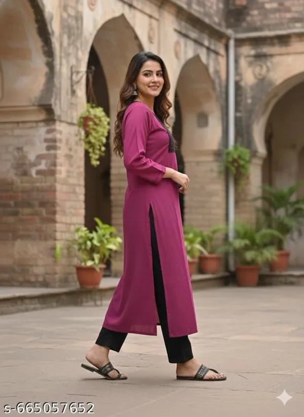 Burgundy_Khadi_Cotton_Premium_Woolen_Embroidery_Kurta_For_Women
