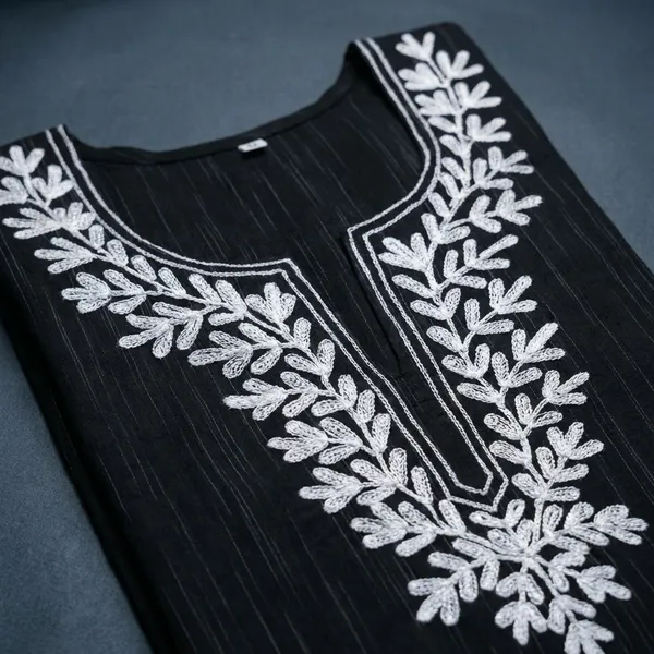 Black_Khadi_Cotton_Premium_Woolen_Embroidery_Short_Kurta_For_Women