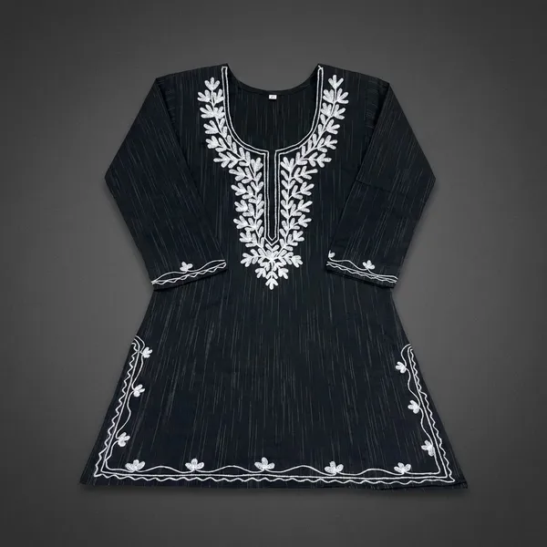 Black_Khadi_Cotton_Premium_Woolen_Embroidery_Short_Kurta_For_Women