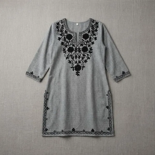 Grey_Khadi_Cotton_Premium_Trendy_Kashmiri_Embroidery_Kurti_Set_For_Women