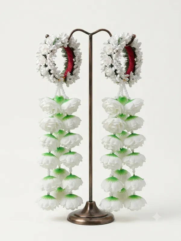 White_Polyester_Fabric_Floral_Cascading_Drop_Earrings_For_Women