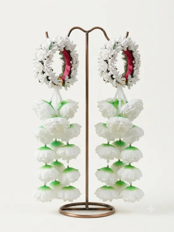 White_Polyester_Fabric_Floral_Cascading_Drop_Earrings_For_Women
