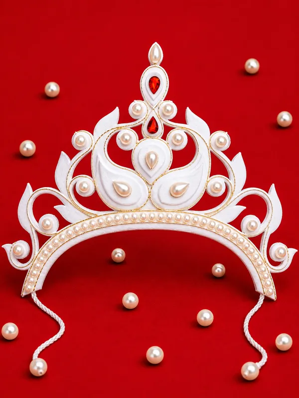 White_Shola_Leaf_Pearl_Red_Stone_Bridal_Mukut_For_Women