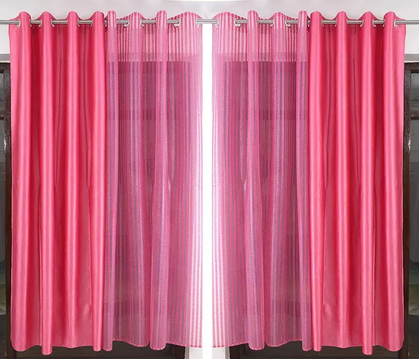 __Net_Premium_Glitter_Stripe_Sheer_Net_Curtain_With_Solid_Plain_Curtains_Pack_Of_4_piece,_Pink