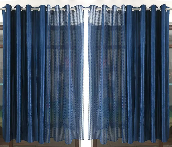 __Premium_Glitter_Stripe_Sheer_Net_Curtain_With_Solid_Plain_Curtains_Pack_Of_4,_Blue