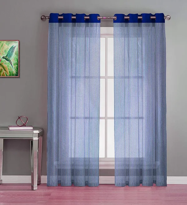 __Premium_Glitter_Stripe_Sheer_Net_Curtain_With_Solid_Plain_Curtains_Pack_Of_4,_Blue