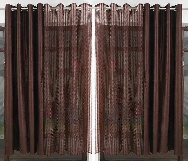 __Premium_Glitter_Stripe_Sheer_Net_Curtain_With_Solid_Plain_Curtain,_Set_of_4_Piece,_Brown