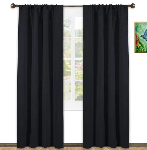 Rod_Pocket_Pattern_Blackout_Curtain_With_3_Layers_Weaving_Technology_Thermal_Insulated_Draperies_Energy_Saving,_Pack_of_2_PieceBlack