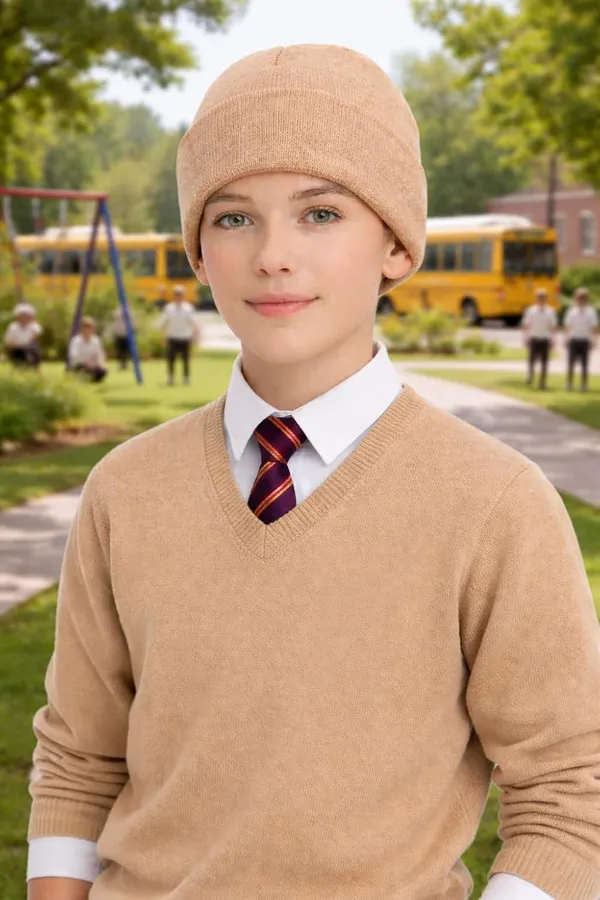 __School_Caps_For_Boys_Girls_Beanie_Acrylic_Cap_For_Heavy_Winter_Warm_Cozy_And_Breathable_Fabric_Soft_Cap,_Beige_|_Age_-_5-12Y