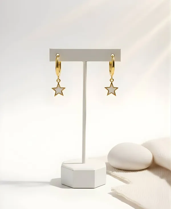 White_Stainless_Steel_Anti_Tarnish_White_Star_Dangle_Hoops_For_Women