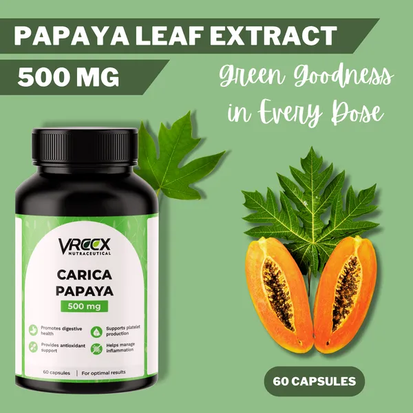 VREEX_Carica_Papaya_Leaf_Extract_500_mg__Supports_Healthy_Platelet_Function,_Immunity_&_Digestion__Natural_Herbal_Supplement_(60_Capsules)