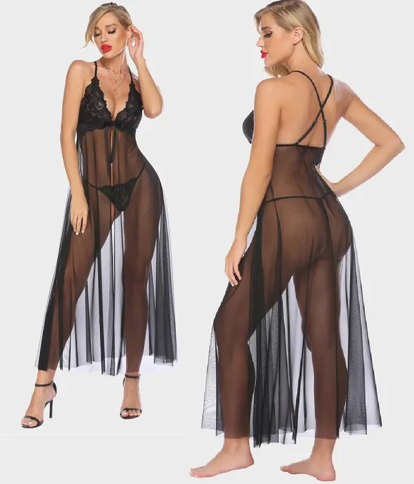 Black_Regular_Net_Self_Design_Babydoll_Set_For_Women