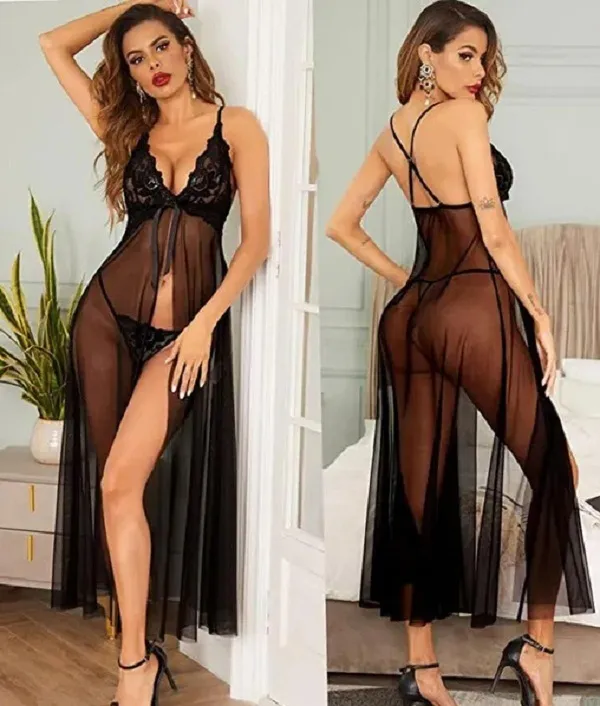 Black_Net_Regular_Robe_And_Lingerie_Set_For_Women