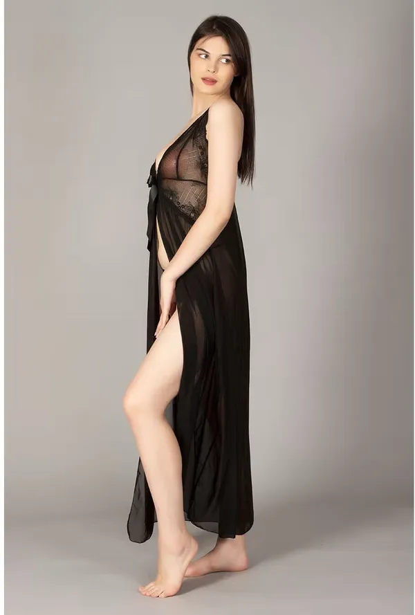 Black_Net_Regular_Robe_And_Lingerie_Set_For_Women