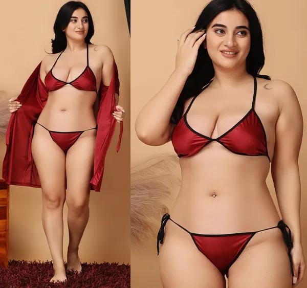 Maroon_Regular_Satin_Solid_Lingerie_Robe_Set_For_Women