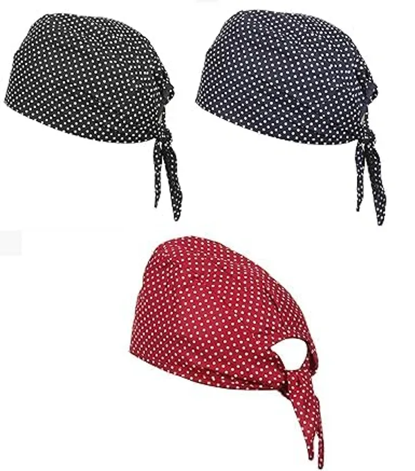 Multicolor_Pure_Cotton_Polka_Dot_Patka_Durag_Skull_Cap_Adjustable_Sweat_Wicking_Headband/Helmet_Liner_For_Riders,_Sports_And_Chemo_For_Unisex_Pack_Of_3